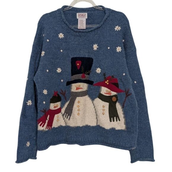 Vintage Snowman Sweater Womens Size Small Blue Embroidered Floral Beaded Knit - Picture 1 of 12
